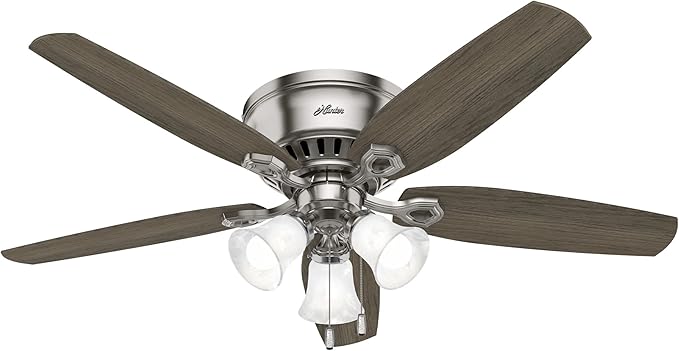 Hunter 52 inch Indoor Ceiling Fan with LED Lights - Ceiling Fan with Pull Chain, For Bedroom, Living Room, or Kitchen, Low Profile Flush Mount, No Remote, 5 Blades - Builder 51112, Brushed Nickel