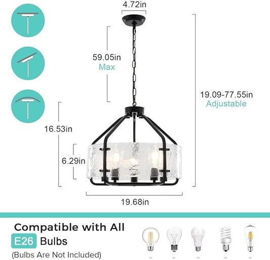 Luupyia 20 Inches Black Glass Drum Chandelier, 5Lights Modern Glass Chandelier, Height Adjustable Drum Chandeliers Crystal Pendant Light Over Dining Room Table Kitchen Entryway Chandeliers for Foyer