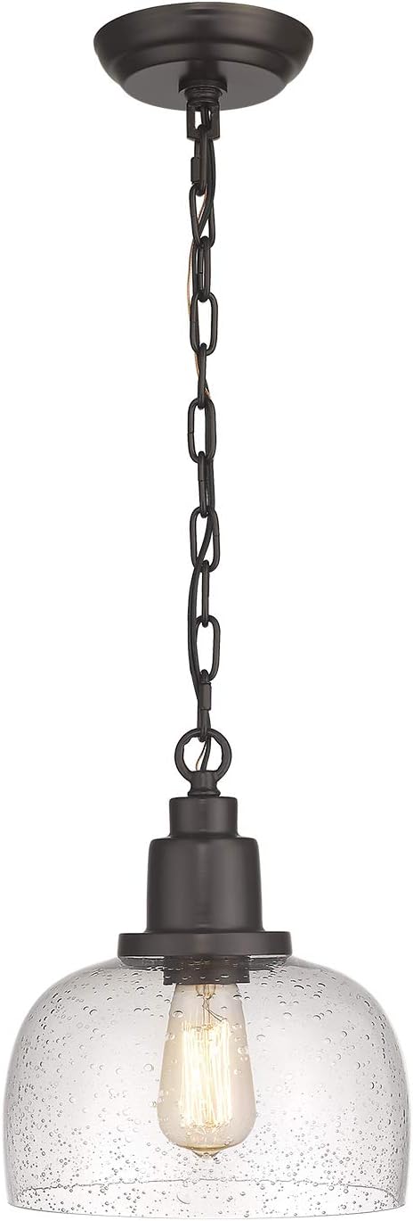 EAPUDUN 1-Pack Farmhouse Pendant Light, 1-Light Industrial Hanging Light Fixture with 9.3" Round Seeded Glass Shade, Dark Bronze Finish, Vintage Ceiling Lighting for Kitchen Island & Dining Room