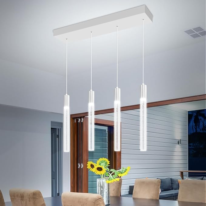 Bubble Crystal Column Chandelier, 4-Light Rectangular Chorme Crystal Chandelier, Dimmable Adjustable Height Luxury Pendant Light for Kitchen Island, Dining Room, Living Room