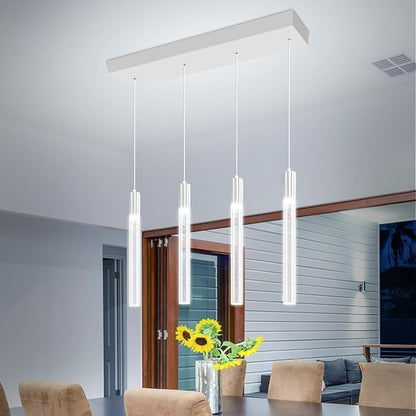 Bubble Crystal Column Chandelier, 4-Light Rectangular Chorme Crystal Chandelier, Dimmable Adjustable Height Luxury Pendant Light for Kitchen Island, Dining Room, Living Room