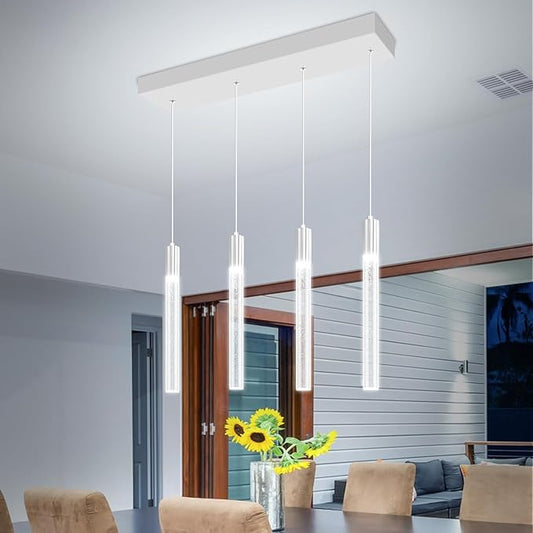 Bubble Crystal Column Chandelier, 4-Light Rectangular Chorme Crystal Chandelier, Dimmable Adjustable Height Luxury Pendant Light for Kitchen Island, Dining Room, Living Room