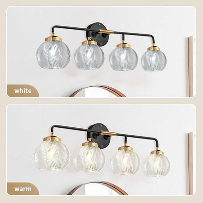 Bathroom Light fixtures 4-Lights Vanity Lights Over Mirror Mid Century Modern Wall Sconce Light with Clear Glass Globe Shade Vintage Black Gold Bath Wall Lamp for Living Room Cabinet