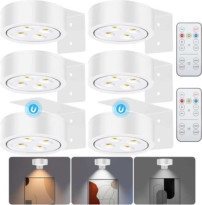 Picture Lights for Wall, 3 Lighting Modes Magnetic Art Display Light,Battery Operated Led Painting Light with Remote Control Dimmable & Timer,6Pack White
