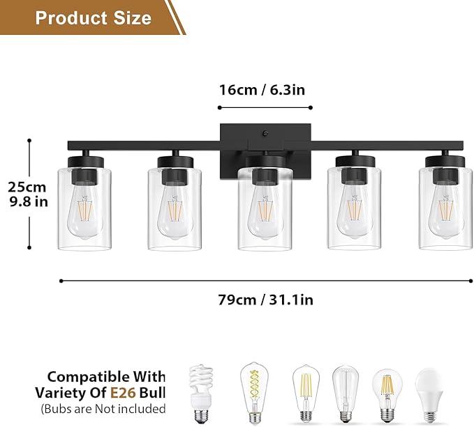 IZORRO Modern Bathroom Light Fixtures, 5 Light Black Vanity Lights, Bathroom Lighting Fixtures Over Mirror with Clear Glass for Living Room Cabinet Bedroom