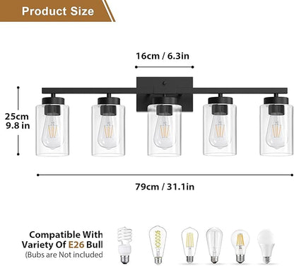 IZORRO Modern Bathroom Light Fixtures, 5 Light Black Vanity Lights, Bathroom Lighting Fixtures Over Mirror with Clear Glass for Living Room Cabinet Bedroom