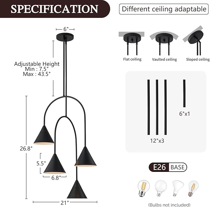 LamQee Matte Black Industrial Pendant Light Fixture, 4 Lights Large Cluster Pendant Lighting with Cone Metal Shade, Farmhouse Hanging Chandelier for Dining Room Kitchen Island Bar Entryway Staircase