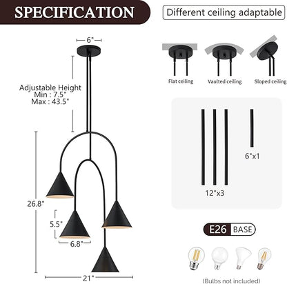 LamQee Matte Black Industrial Pendant Light Fixture, 4 Lights Large Cluster Pendant Lighting with Cone Metal Shade, Farmhouse Hanging Chandelier for Dining Room Kitchen Island Bar Entryway Staircase
