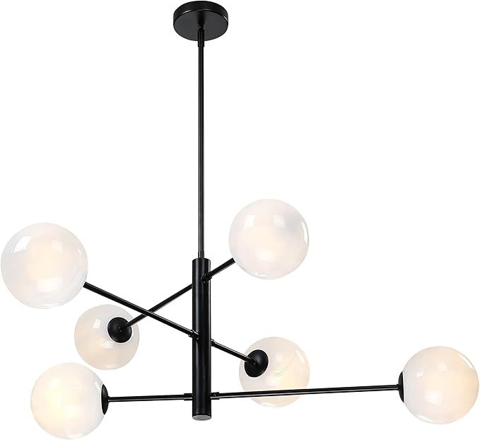 Mid Century 6-Lights Globe Milky Handcrafted Marble Glass Chandelier for Living Room Modern Black Chandelier Light Fixture Dining Room Chandelier Over Table Foyer Bedroom Kitchen Island