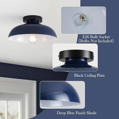 12 Inch Metal Semi Flush Mount Ceiling Light Fixture Industrial Small Ceiling Lights Kitchen Lighting Fixtures Ceiling with Navy Blue Shade for Hallway Entryway Bedroom Foyer Bathroom Laundry Room