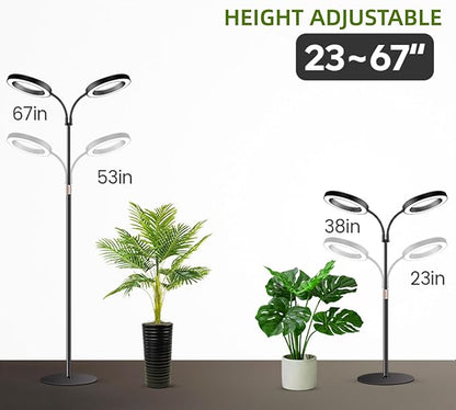 Grow Lights for Indoor Plants, 2-Head Full Spectrum LED Plant Light with Stand, 67" Adjustable Height, 3/9/12H Timer, 10 Dimmable Levels & 3 Lighting Modes