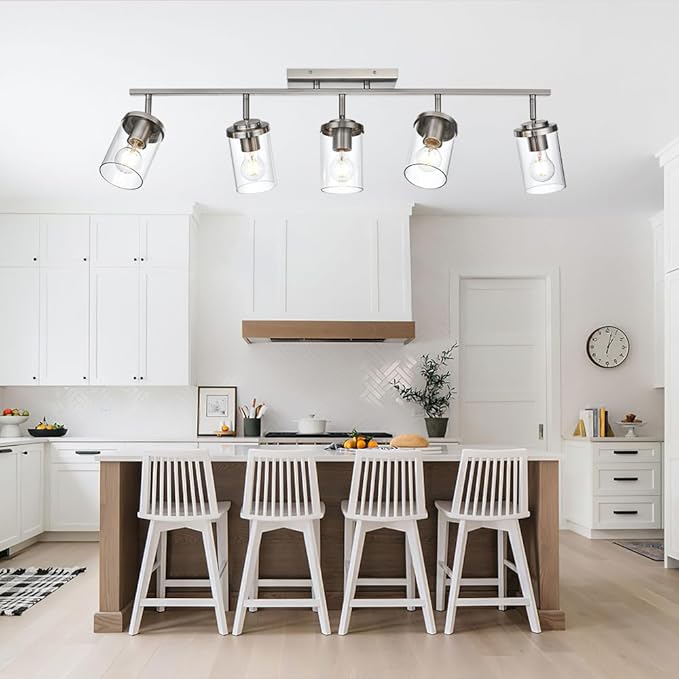 BONLICHT Modern 5-Light Track Lighting Fixture Flush Mount Brushed Nickel Wall Mount Track Lights Kit Industrial Kitchen Ceiling Spot Light Indoor Bathroom Fixture Vanity Lights with Clear Glass Shade