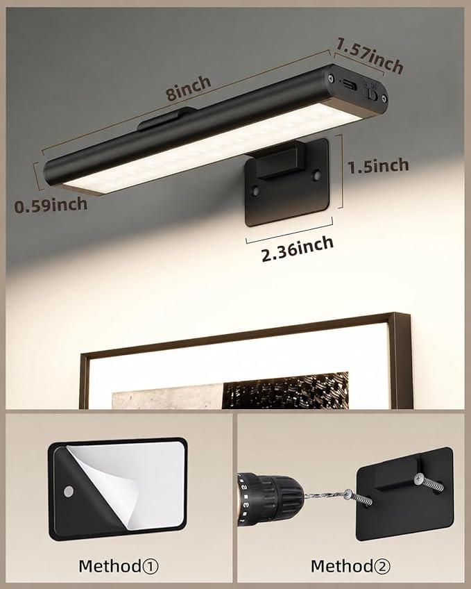 EZVALO Picture Light for Wall, Rechargeable 2400mAh Battery Lights Wireless with IR Remote, 3 Color & Dimmable Magnetic 7.8'' LED Lights Display for Painting, Living Room, Gallery, Bedroom(Black-3P)