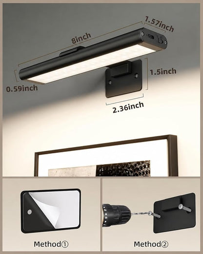 EZVALO Picture Light for Wall, Rechargeable 2400mAh Battery Lights Wireless with IR Remote, 3 Color & Dimmable Magnetic 7.8'' LED Lights Display for Painting, Living Room, Gallery, Bedroom(Black-3P)