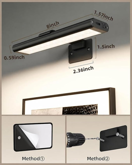 EZVALO Picture Light for Wall, Rechargeable 2400mAh Battery Lights Wireless with IR Remote, 3 Color & Dimmable Magnetic 7.8'' LED Lights Display for Painting, Living Room, Gallery, Bedroom(Black-3P)