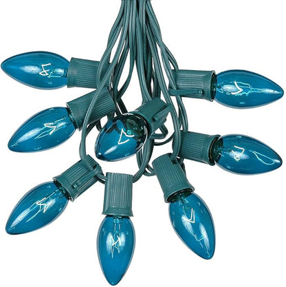 C9 Teal Outdoor Christmas Lights - 25 Foot Roofline & Patio String Lights - Green Wire