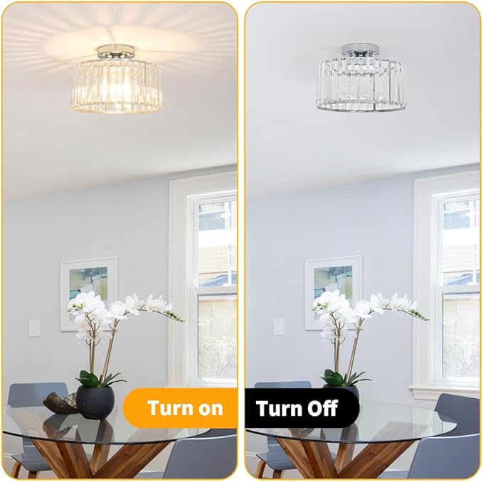 Crystal Ceiling Light Fixture, Chrome Close To Ceiling Light Fixtures, Modern Semi Flush Mount Ceiling Light, Hallway Lighting Fixture Chandelier for Bathroom Bedroom Porch Kitchen Living Room, 11in