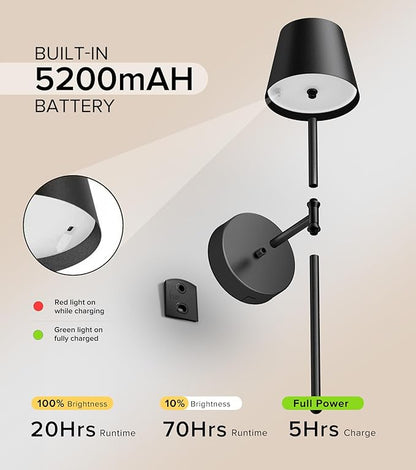 UME Wireless Sconces Set of 2 with Remote, 5200mAh Battery Powered Sconces - Small Rechargeable Sconces w/ 3 Color Temps & 5 Brightness Levels for Bedroom, Living Room, Wall Painting, Cafe (Black)