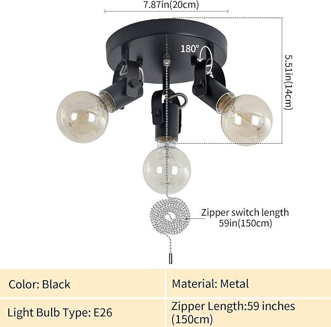 3 Light Flush Mount Ceiling Light with Pull Chain, Industrial Kitchen Ceiling with Rotatable Light Head,Black Pull Chain Spotlight for Bedroom Hallway Kitchen Laundry