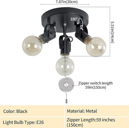 3 Light Flush Mount Ceiling Light with Pull Chain, Industrial Kitchen Ceiling with Rotatable Light Head,Black Pull Chain Spotlight for Bedroom Hallway Kitchen Laundry
