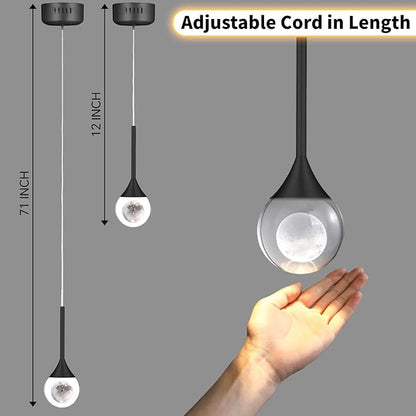 Modern Crystal Moon Pendant Light, Black Dimmable Natural White (3000K) LED Hanging Light Fixture for Kitchen Island, Dining Room, Bar, Bedroom