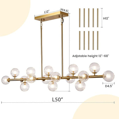 Gold Linear Rectangle Chandelier Modern Chandelier Glass Pendant Light Fixture Adjustable for Dining Living Room Kitchen Island 16-Light