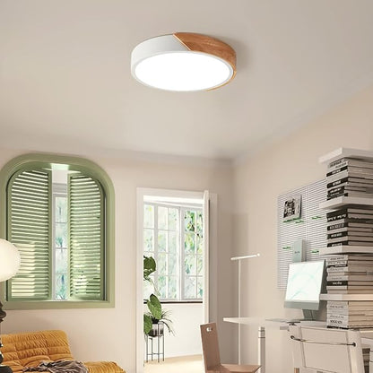 Modern LED Ceiling Light, Minimalist Wood Style Flush Mount Ceiling Light Fixture, Circle Lighting Lamp with Acrylic Lampshade for Bedroom Living Room Dining Room Laundry (White, 11.8'')