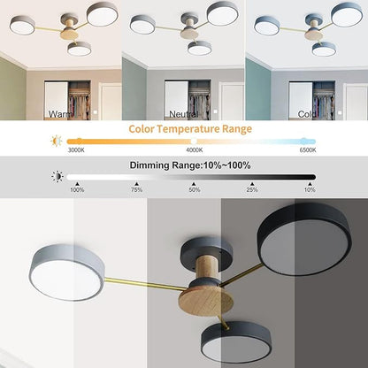 3-Lights LED Ceiling Light Fixture,26 Inch Modern Ceiling Lights Flush Mount Wooden 24W Dimmable Chandelier for Living Room Bedroom Kitchen,3000K/4000K/6000K Grey