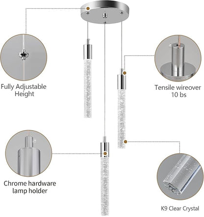 Modern Light Fixture Kitchen Island Pendant Light Dimmable LED Chrome Pendant Lights Mini Crystal Pendant Lighting for Bedroom Dining Room Living Room（3-Light ）