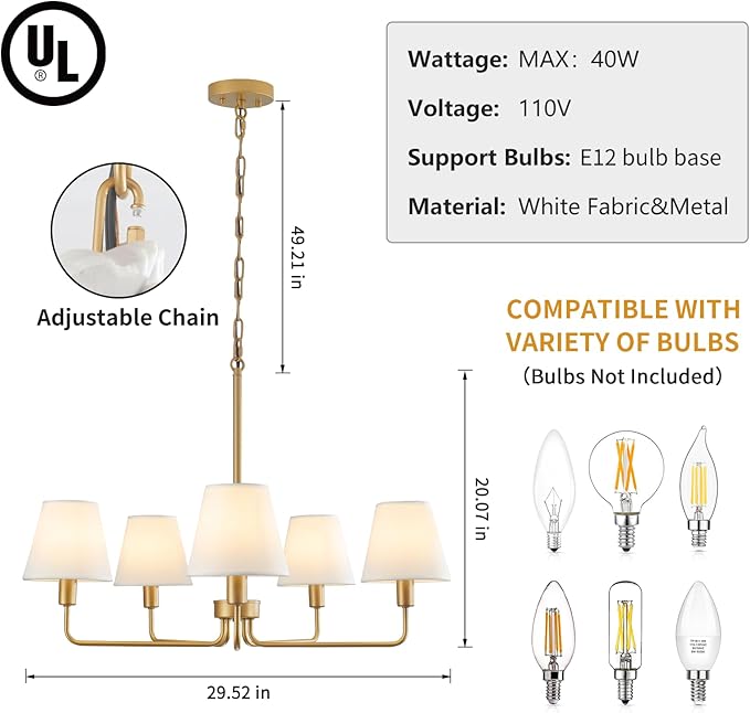 Gold Chandeliers for Dining Room 30” Bedroom Light Fixture with White Fabric Shade 5-Light Modern Farmhouse Chandelier Adjustable Pendant Lighting Fixtures for Kitchen Island,Living Room,Entryway