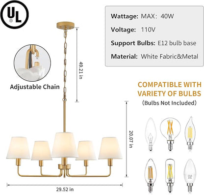 Gold Chandeliers for Dining Room 30” Bedroom Light Fixture with White Fabric Shade 5-Light Modern Farmhouse Chandelier Adjustable Pendant Lighting Fixtures for Kitchen Island,Living Room,Entryway