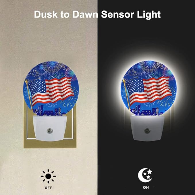 EKOBLA 4th of July Plug-in Night Light, Patriotic American Flag & Fireworks LED Nightlight for Independence Day Decor