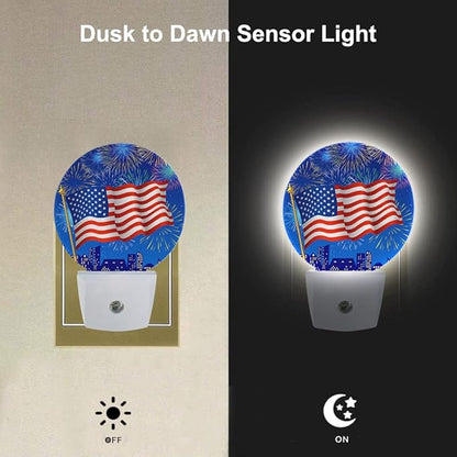 EKOBLA 4th of July Plug-in Night Light, Patriotic American Flag & Fireworks LED Nightlight for Independence Day Decor
