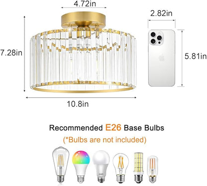 Crystal Ceiling Light Fixture, Modern Semi Flush Mount Ceiling Light, Gold Hallway Lighting Fixtures Chandelier for Kitchen, Close To Ceiling Light Fixtures for Entryway Bedroom, 1-Light, 11Inch