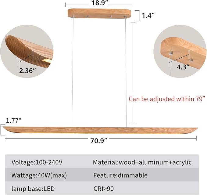 71" 40W Wood LED Linear Pendant Light Fixture,Dimmable Pool Table Island Lights,Modern Linear Hanging Chandeliers,for Dining Room Kitchen Island,Pool Table Lights,Natural Wood Color