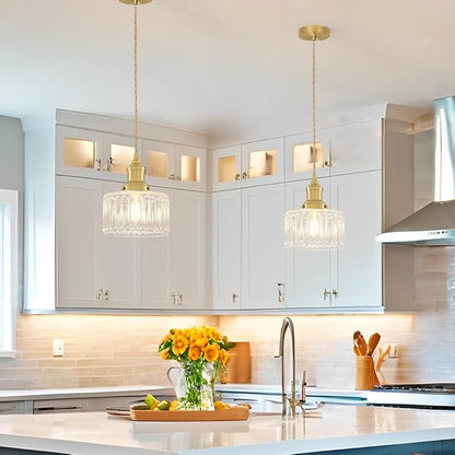 Vintage Pendant Light Set of 2, Brushed Gold Pendant Lights Kitchen Island with Clear Glass, Brass Kitchen Island Light Adjustable Hanging Light for Entrance Living Room Bathroom Dining Room Hallway