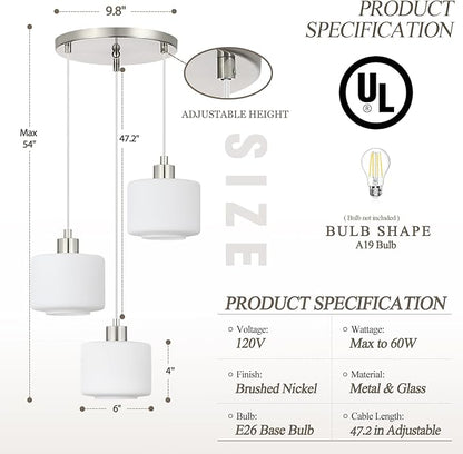 Brushed Nickel Dining Room Chandelier Light Fixture, 3-Light Pendant Lighting with Milk Glass, Modern Kitchen Island Cluster Hanging Pendant Lights for Kitchen Dining Room, OS-YQ8153-3BNW