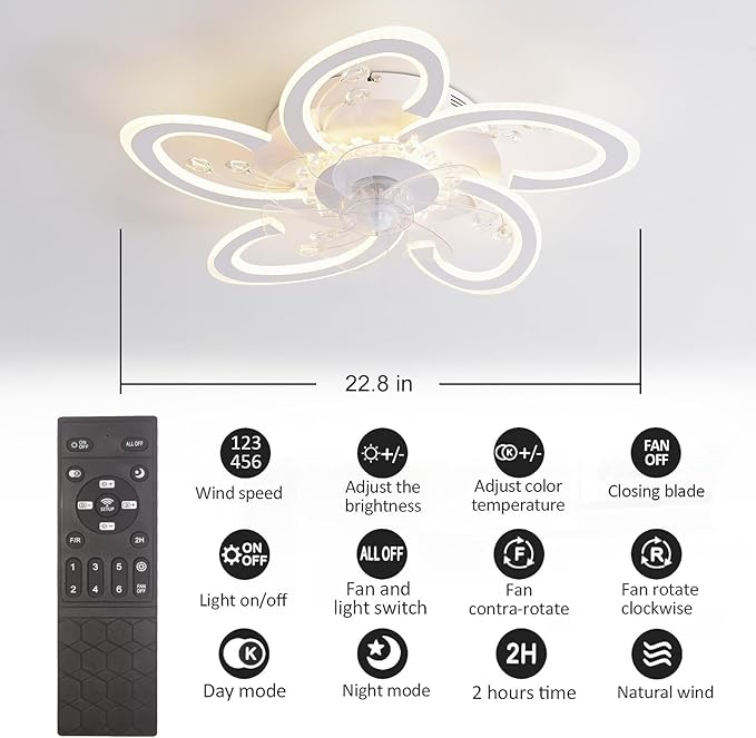 Flower Ceiling Fans with Lights and Remote, Modern Dimmable Ceiling Fans, Petal Chandelier Ceiling Fans with 6 Speeds and Remote Control for Bedroom, Kitchen, Indoor