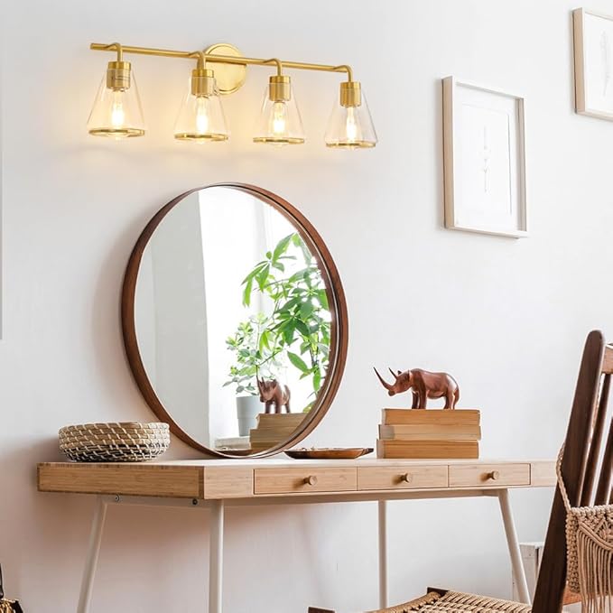 Gold Vanity Light 4 Light Bathroom Vanity Light Fixtures Over Mirror with Clear Glass Shade, 30 Inch Lights for Bathroom Modern Wall Sconce Lighting (Exclude E26 Bulb)
