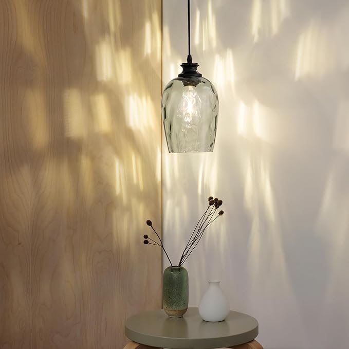 Plug in Pendant Light Green Hand Blown Rippled Glass Shade On/Off Switch 16.4 Ft Cord E26 Base Pendant Lighting for Living Room Sunroom Porch