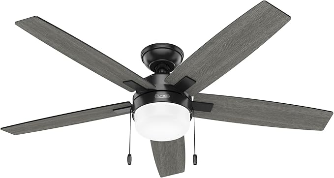 Hunter 52 inch Indoor Ceiling Fan with LED Light - Black Ceiling Fan with Pull Chain, For Bedroom or Living Room, Standard Mount, No Remote, 5 Blades, Includes Bulbs - Anisten 52485, Matte Black