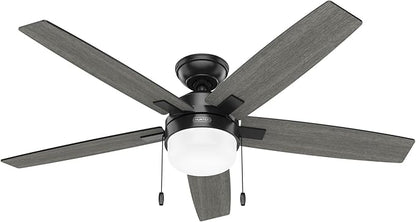 Hunter 52 inch Indoor Ceiling Fan with LED Light - Black Ceiling Fan with Pull Chain, For Bedroom or Living Room, Standard Mount, No Remote, 5 Blades, Includes Bulbs - Anisten 52485, Matte Black