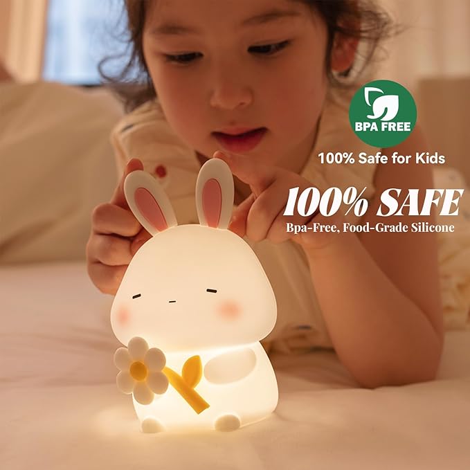 Rabbit Night Light for Kids, Cute Bunny Lamp Gifts for Boys and Girls, Touch Dimmable Squishy Silicone Night Light for Baby Nursery Toddler, Rechargeable Animal Lamp Kawaii Kids Room Decor (Bunny)