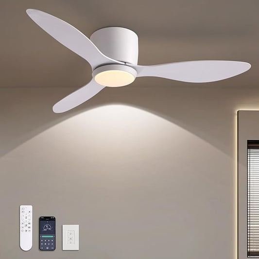 LUDOMIDE Ceiling Fans with Lights,42 Inch Low Profile Ceiling Fan with Wall Control and Remote Control,Dimmable,Flush Mount Ceiling Fan with Noiseless DC Reversible Motor for Bedroom Indoor Use