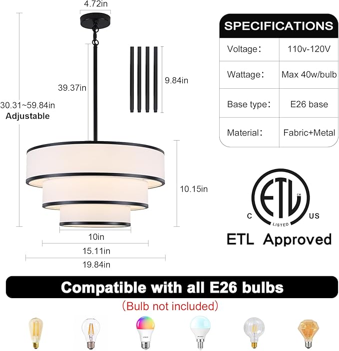 Drum Chandelier for Dining Room, 5-Light Modern Black Chandelier with White Fabric Shade, 20" Hanging Linen Drum Pendant Ceiling Light Fixture for Kitchen Island Bedroom Living Room