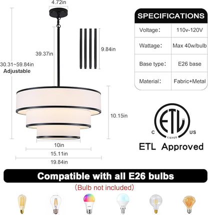 Drum Chandelier for Dining Room, 5-Light Modern Black Chandelier with White Fabric Shade, 20" Hanging Linen Drum Pendant Ceiling Light Fixture for Kitchen Island Bedroom Living Room