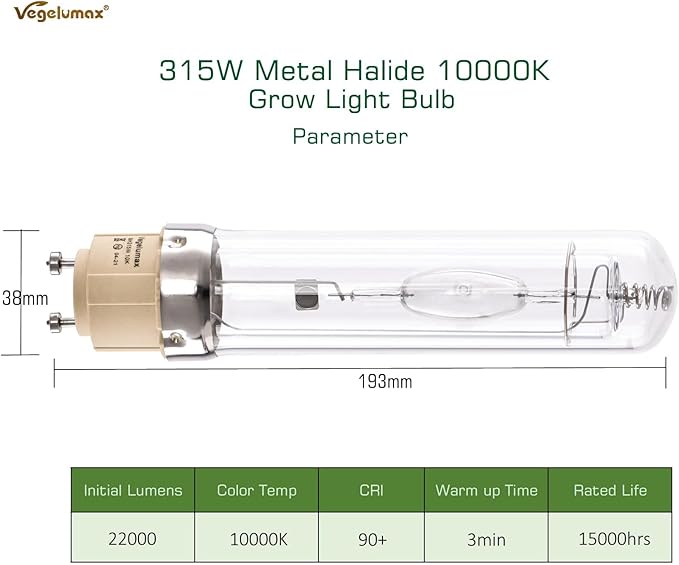 MH 315W Metal Halide Grow Light Bulb Lamp Full Spectrum CCT 10000K,High Efficiency Enhanced Blue Spectrum CDM for Flowering,Compatible with CMH 315 Grow Bulb Fixture PGZX 18 Socket,2Pack