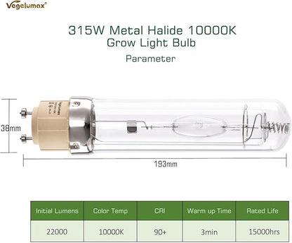 MH 315W Metal Halide Grow Light Bulb Lamp Full Spectrum CCT 10000K,High Efficiency Enhanced Blue Spectrum CDM for Flowering,Compatible with CMH 315 Grow Bulb Fixture PGZX 18 Socket,2Pack