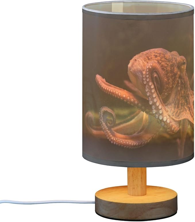 Octopus Marine Sea Life Wildlife Ocean Animal Table Lamp with Wood Base Fabric Lamp Shade Bedside Nightstand Desk Lamp for Living Room Bedroom Kids Room Office