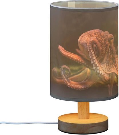 Octopus Marine Sea Life Wildlife Ocean Animal Table Lamp with Wood Base Fabric Lamp Shade Bedside Nightstand Desk Lamp for Living Room Bedroom Kids Room Office